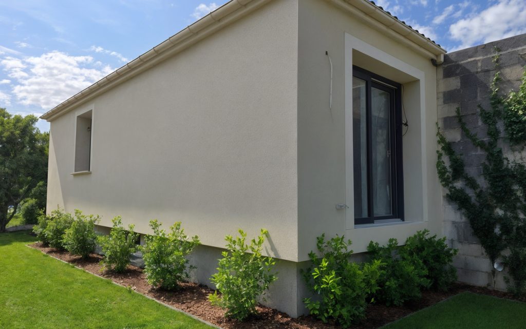 Façade latérale de maison fraîchement enduite avec réalisation de modénatures blanches autour d'une baie vitrée dans l'Oise.