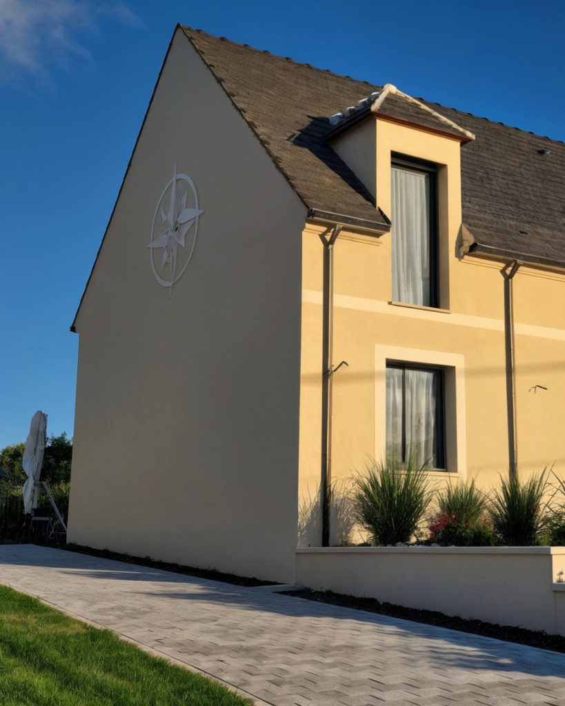 Pignon et façade de maison avec enduit beige, modénatures blanches lisses et création d'un grand décor rose des vents dans l'Oise.