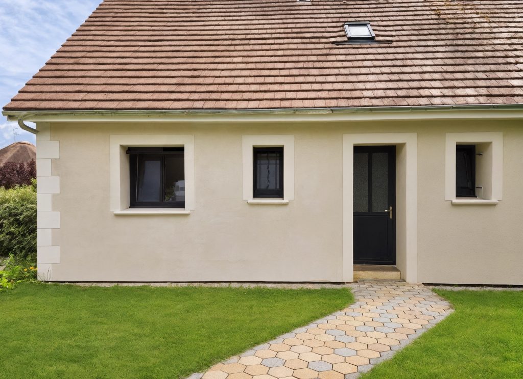 Façade de maison rénovée avec un enduit clair, des encadrements de fenêtres blancs et un chaînage d'angle décoratif dans l'Oise.